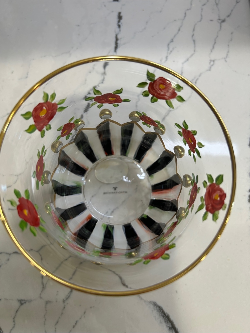 MacKenzie-Childs Hand-Painted Floral Glass Vase in Red, Black & Gold - Picture 5 of 6